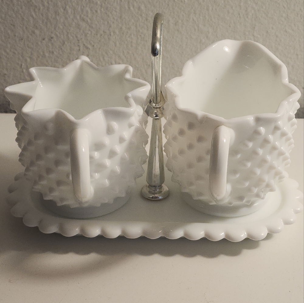 Vintage 3-piece set White Milk Glass Hobnail Creamer and Sugar Set With Tray